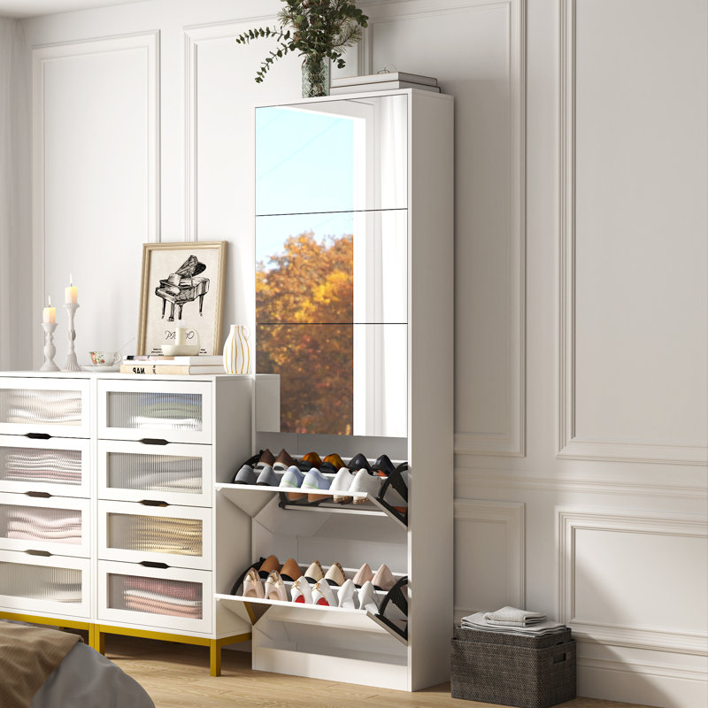 Armoire de rangement à chaussures double 30 paires avec miroir