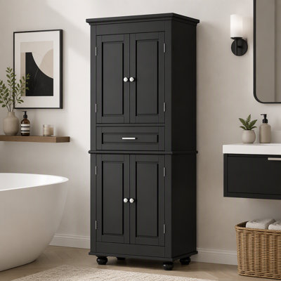 Tall Bathroom Storage Cabinet with Adjustable Shelves, Drawers, 4 Doors & Metal Handle