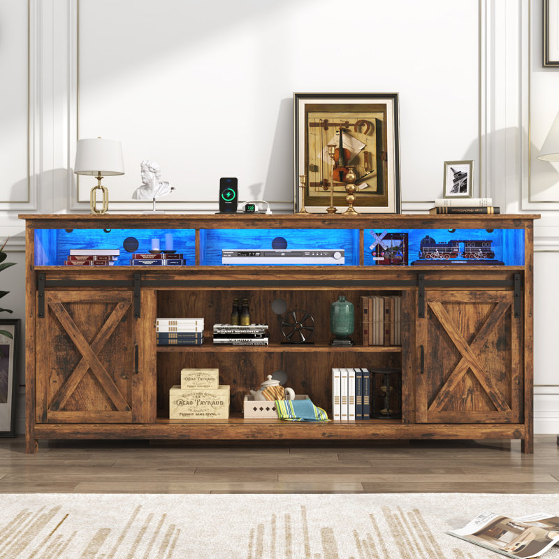 70” Wooden Farmhouse TV Stand for 70/80 inch TV,Double Layer Storage Entertainment Center TV Console Table,w Double-Row Sockets and 2 Sliding Barn Door,Media Cable Box