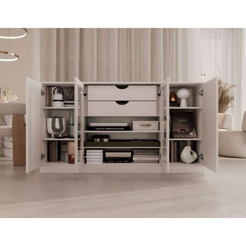 Buffet 100% bois massif 65 po avec portes en verre massif et transparent, 2 tiroirs et tablettes réglables, Blanc