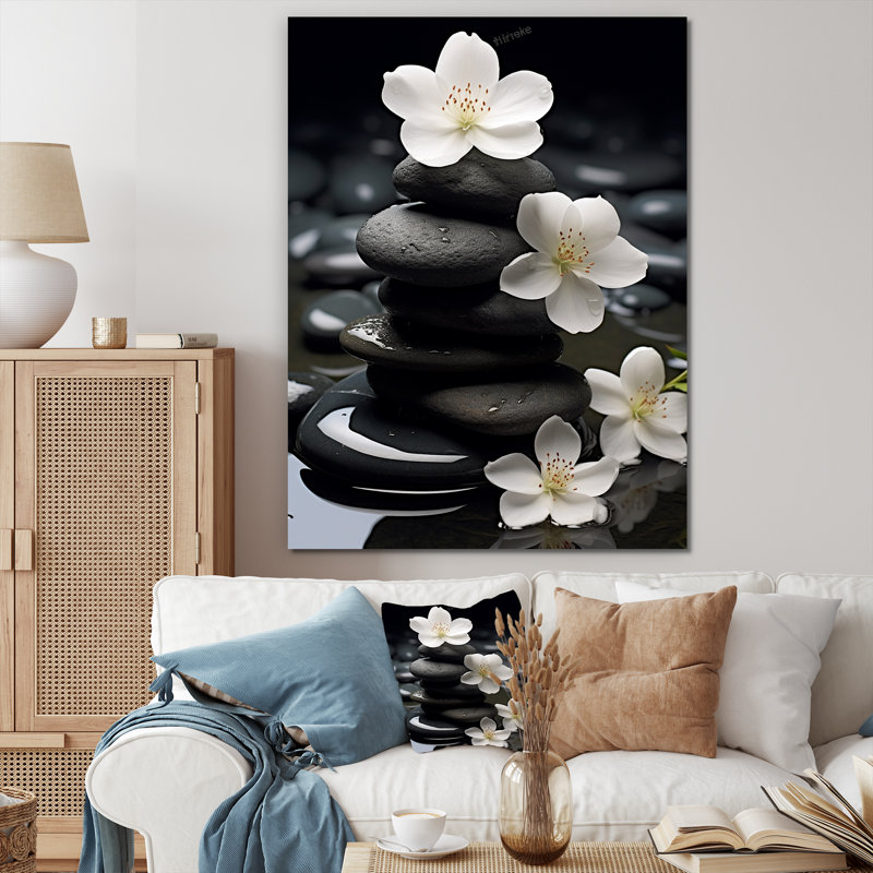 Zen Serenity White Flowers Black Stone Cairn - Spiritual Stone Canvas Prints, Wrapped Canvas, No Frame, 20" H x 12" W