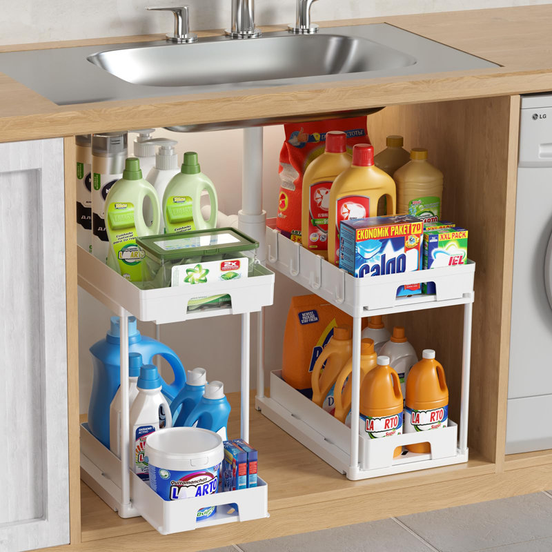 2Pack Under Sink Organizers And Storage, 2 Tier Pull Out Kitchen Bathroom Cabinet Organizer, Under Sink Storage For Bathroom Kitchen, Under Counter Storage Organizer With 8 Hooks