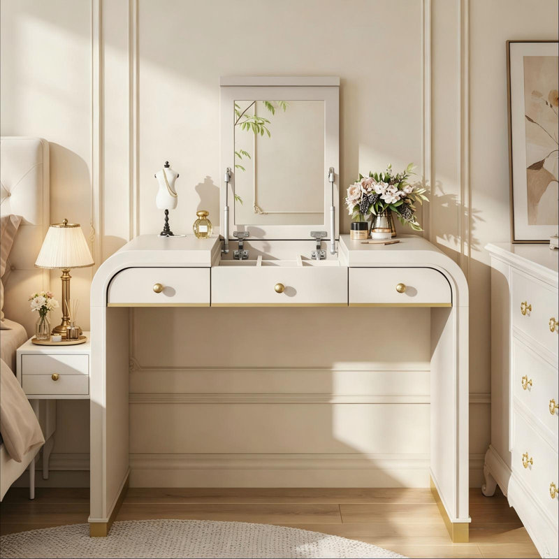 Meuble-lavabo classique en bois avec miroir rabattable, coiffeuse multifonction 3-en-1 avec 2 tiroirs et beaucoup de rangement, coiffeuse pour la chambre à coucher, champagne