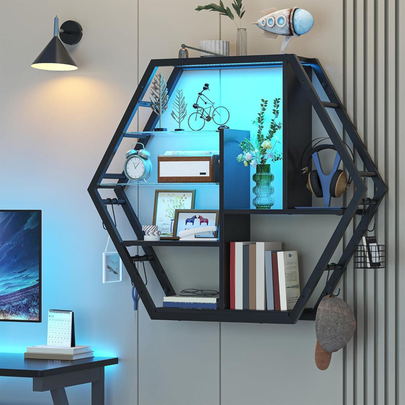 39.4-Inch Hexagonal Gaming Wall Shelf With RGB LED Lighting, 5-Tier Floating Display Rack With Tempered Glass Shelves And Hooks For Game Room Organization And Collectible Display