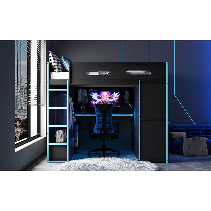 Lit mezzanine pleine grandeur de style joueur avec espace sous le PC, éclairage et tiroirs de rangement pour garder les consoles de jeu en bois, solutions ouvertes / fermées dans la chambre à coucher