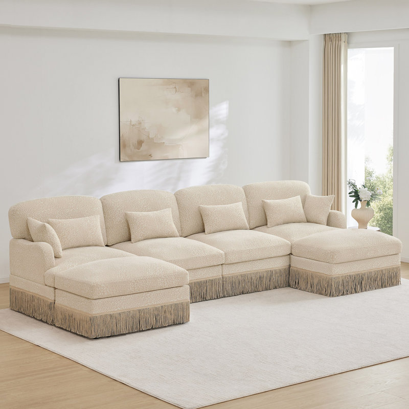 Canapé confortable en U à imprimé léopard en chenille, bord à pampille délicat, repose-pieds mobiles, style moderne, dossier et siège ergonomiques, assemblage facile, siège profond