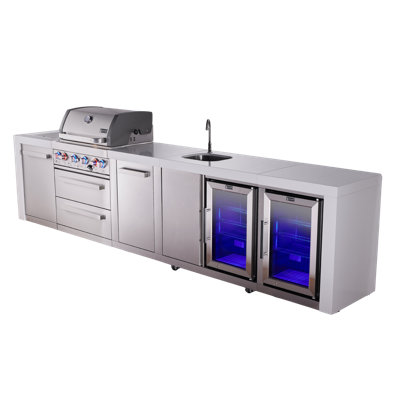 Mont Alpi Black Stainless Steel Premium 145"w X 23"d X 46"h Modular Outdoor Kitchen Island With 2 Refrigerators + Faucet & Sink Combo + 32"w 4-burner Bbq Gas Grill + Side Burner + White Granite Countertops + Natural Gas Convertible + Lifetime Warranty