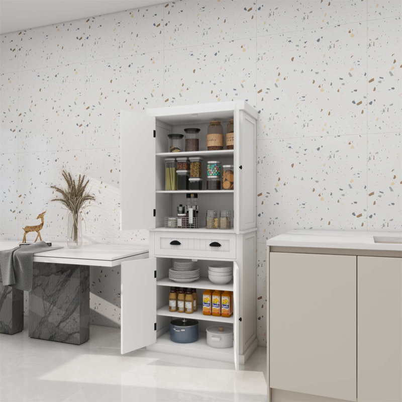 Élégant garde-manger de 71 pouces avec 4 portes, un tiroir et 2 tablettes réglables pour une organisation efficace