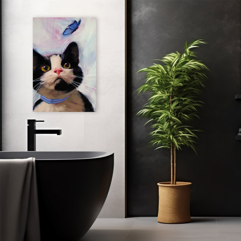 Chat et papillon - animaux, papillons, chats, art, H 24 po x l 16 po