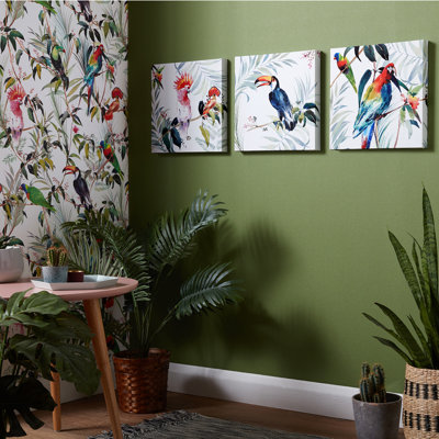 Art for the Home Set of 3 Tropical Amazon Birds Printed Canvas