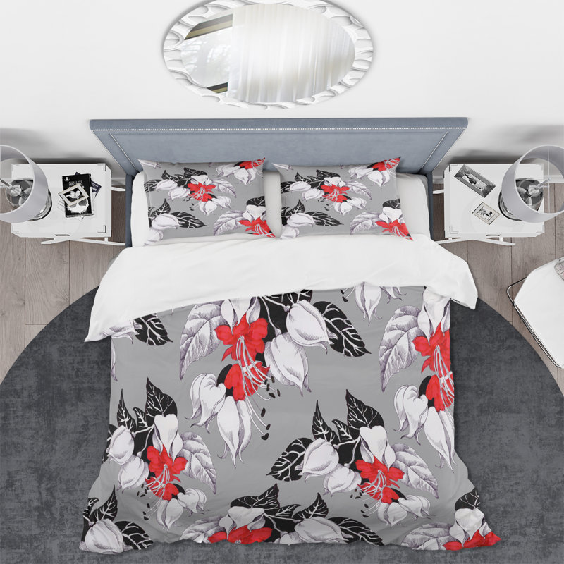 Fleurs rouges et feuilles noires - Ensemble de housse de couette traditionnel - Microfibre de polyester