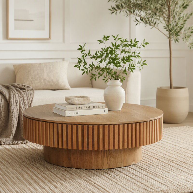 Table basse ronde avec rangement caché, 55 lbs, Natural Wood