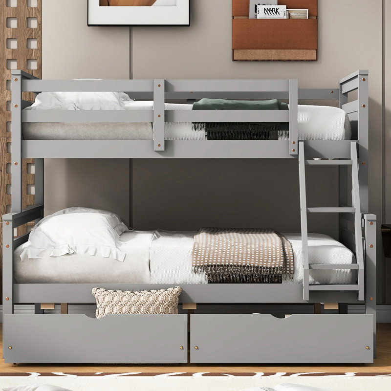 Gray Twin Over Full Bunk Bed With Stable Construction & Handy Storage Drawers Structure Options, Gray