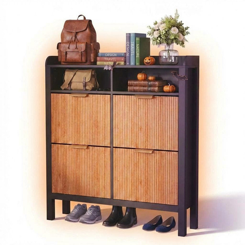 Shoe Storage Cabinet with 4 Flip Drawers, Narrow Freestanding Organizer for Entryway, Hallway, or Living Room, Modern Fluted Design Shoe Rack for 24–32 Pairs, Space-Saving Furniture for Home