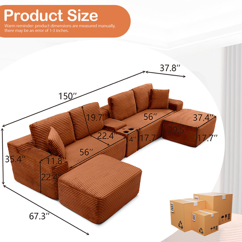 150" Oversized Cloud Boneless Sofa Couch with Cup Holder & Storage, Modern Corduroy U Shaped Modular Sectional Sofa with Deep Seat, USB Ports, No Assembly Required, Comfy Compression Couches for Living Room