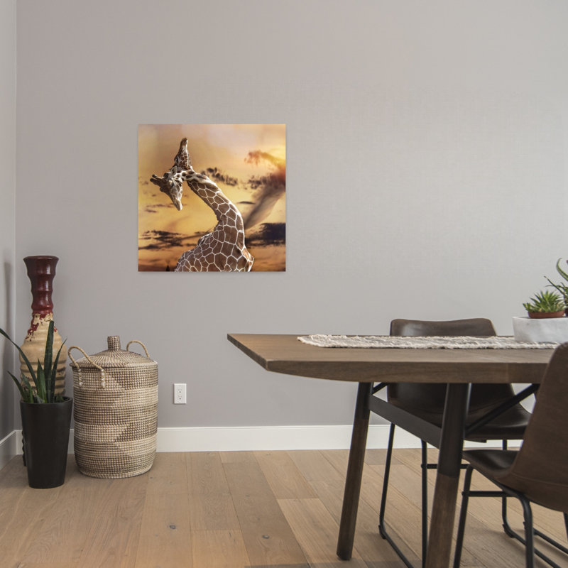 Giraffes Embrace Sunset Abstract Contemporary Giraffe Nature Sunset Wall Art Print by Anna Cseresnjes - Print