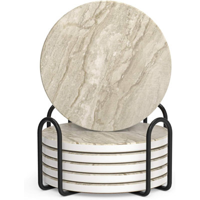 Round 6 Piece Coaster Set With Holder