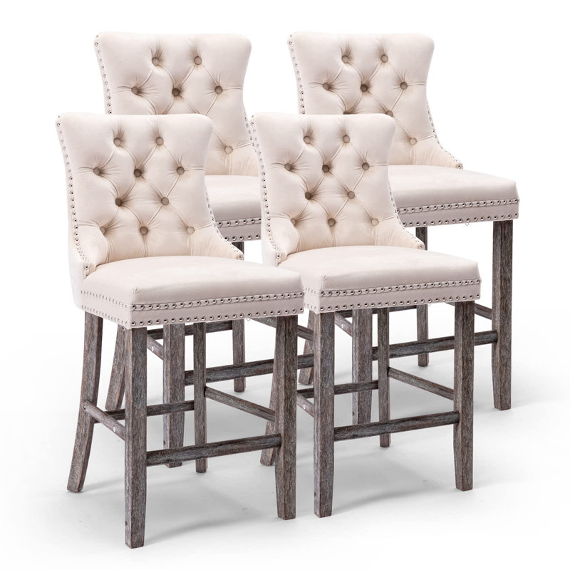 Tabouret de bar rembourré en velours avec dossier capitonné, Beige, Gris, 4