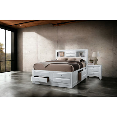 Grand lit blanc avec rangement pour tête de lit bibliothèque, 8 tiroirs dans différentes pièces, tiroirs à glissière en métal encastré, 5 panneaux de plateforme
