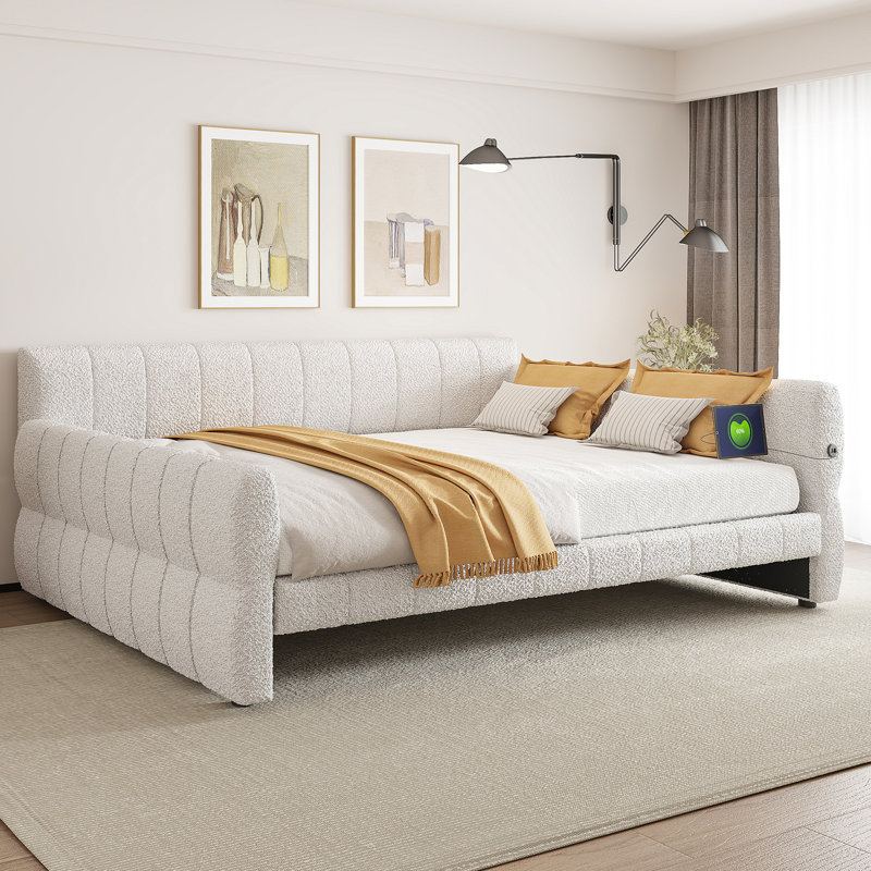 King Size Upholstered Platform Bed with USB Charging, Lambswool, Elegant Modern Bedroom Furniture, White, White