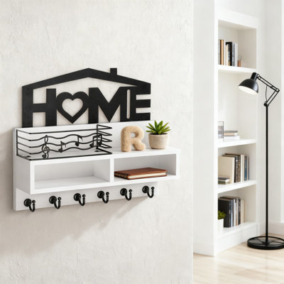 Wall Mount Key Holder With Storage Basket And Shelf, Decorative Wooden Mail Organizer With 6 Hooks And 2 Compartments For Entryway Organization