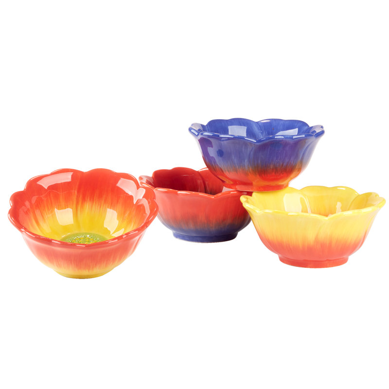 Poppy 3-D Flower Multicolor Ceramic Dessert Bowls, Set of 4