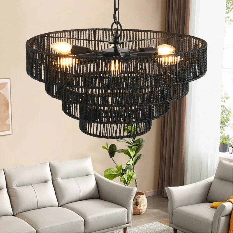 Luminaire suspendu réglable en corde de chanvre noir 6 lumières 6 lumières, Noir, Six lumières