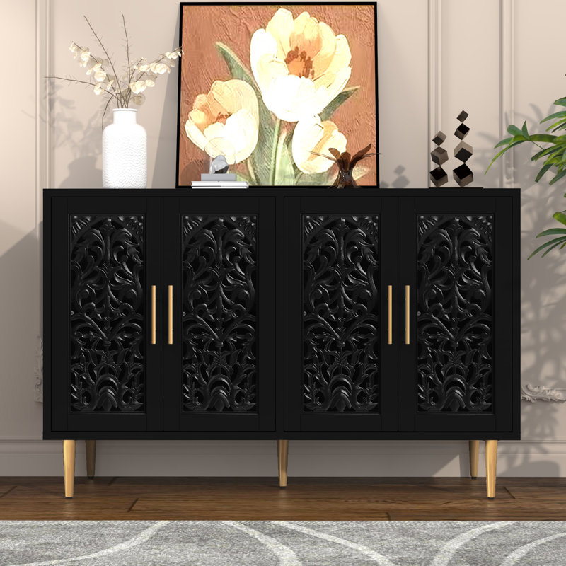 Buffet 48 po à portes creuses sculptées, armoire de rangement moderne avec 4 portes, armoire d'appoint pour le salon, la salle à manger et la cuisine