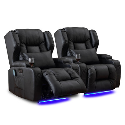 Aguilera Leather Power Recliner Chair Home Theater Seating with LED Lights and Cup Holders by Ebern Designs