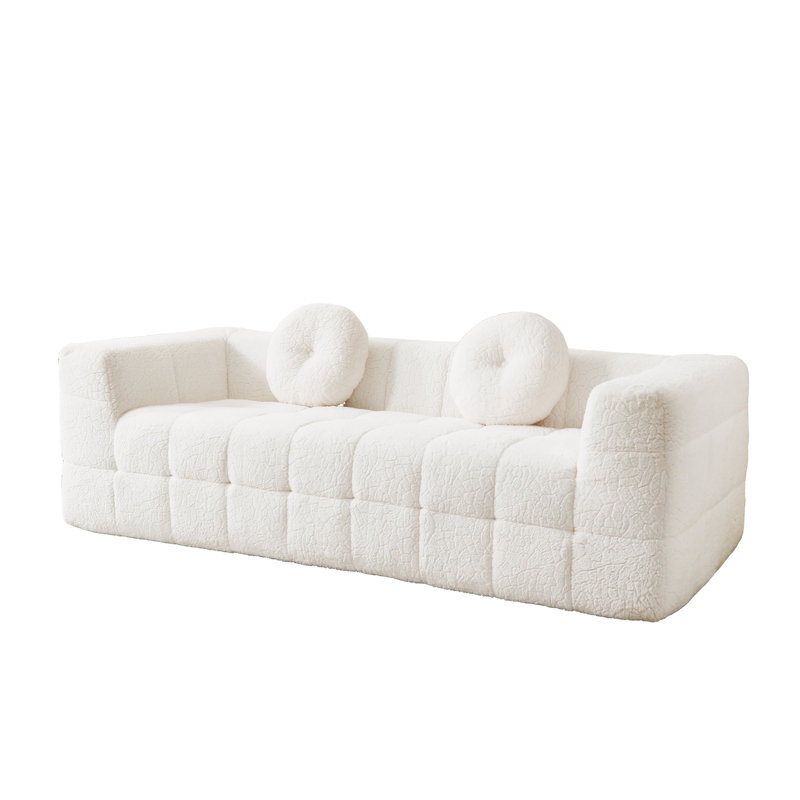 Canapé 84,6 po moderne sans os 84,7 po - Tissu en polyester à poils longs texturé litchi et à carreaux avec coussins circulaires