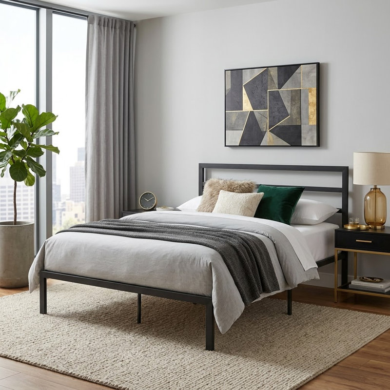 Queen Slat Headboard Design Bed, Charcoal Grey