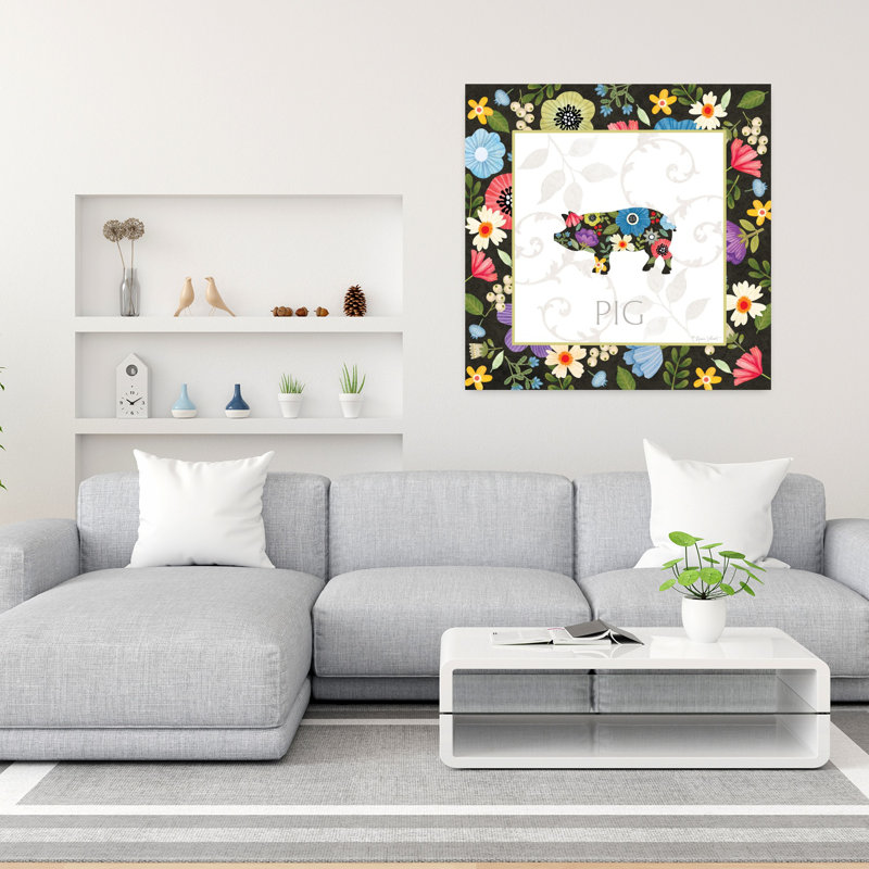 Art contemporain cochon de ferme avec fleurs printanières, H 36 po x l 36 po