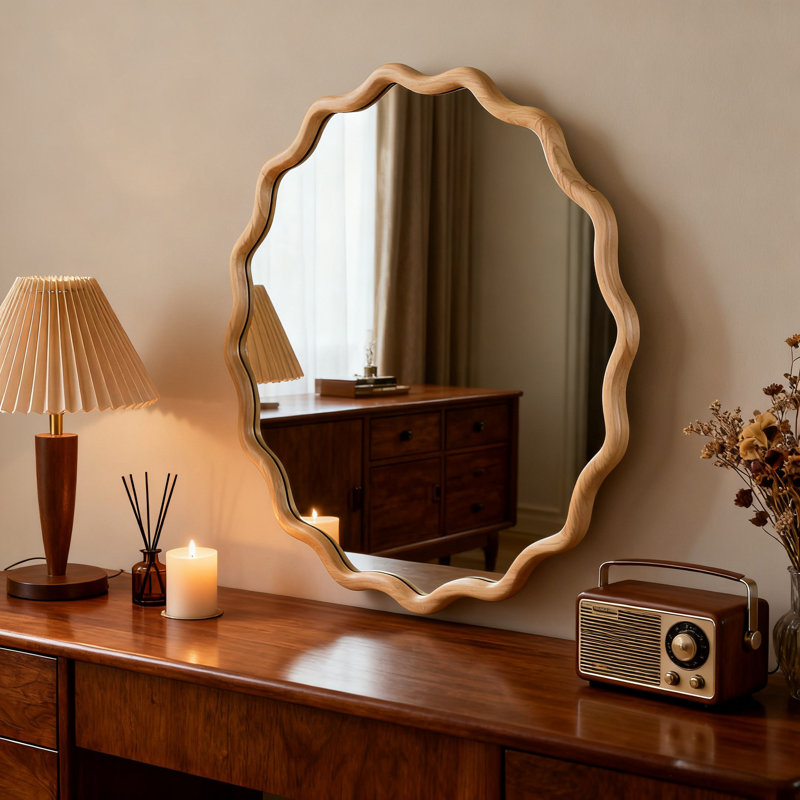 Wavy Round Solid Wood Frame Decorative Mirror,For Bedroom, Bathroom, Living Room, Entryway, 30" x 30", Natural Wood