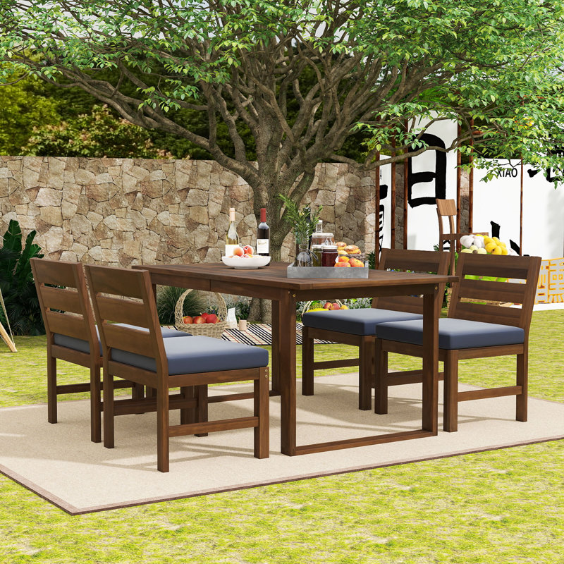 5-Piece Outdoor Dining Set with Solid Acacia Wood Table and 4 Cushioned Chairs for Garden or Deck, Brown, Gray