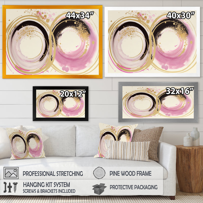 «Pink and Gold Curves III», peinture sur toile, Impression noire sur toile encadrée, H 12 po x l 20 po x P 1 po