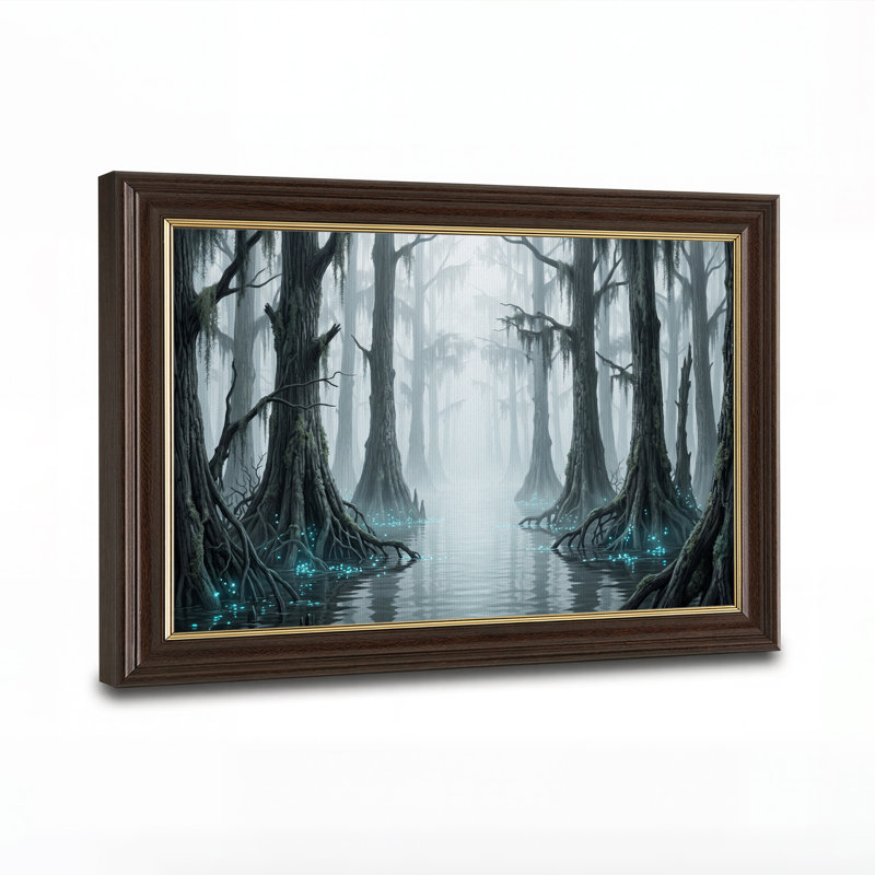 Tableau sur toile représentant un marais de cyprès brumeux aux lumières bleues scintillantes, H 16 po x l 24 po