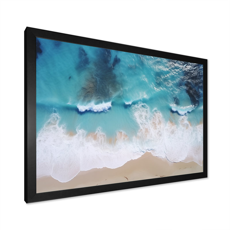 Vagues blanches et bleues vue aérienne I - plage, art mural, Cadre d'angle fermé noir, H 12 po x l 20 po x P 1 po
