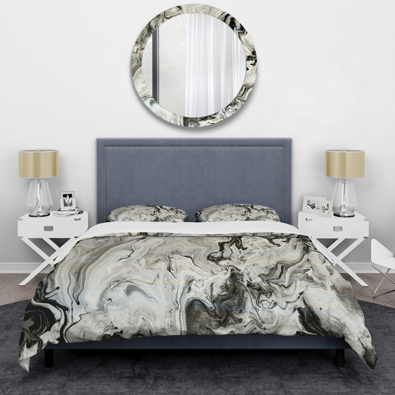 Ensemble de housse de couette abstraite en polyester peint à la main en marbre acrylique, Noir et blanc