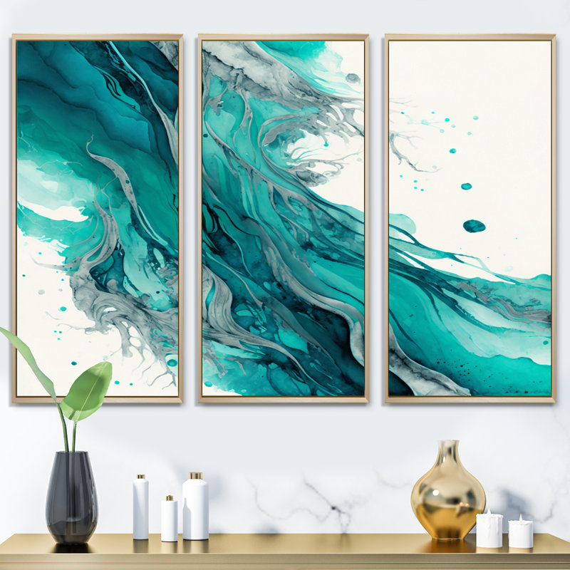 Turquoise Waves in Paradise VII - 3 pièces sur toile, H 28 po x l 36 po x P 1 po, Toile avec cadre naturel