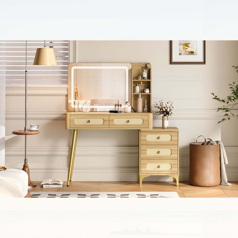 Coiffeuse 47 po avec miroir, lumières, 5 tiroirs et tablette de rangement rétro, design rotin, luminosité réglable, naturel