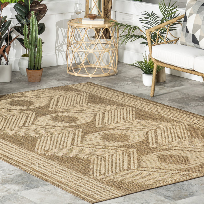 Tribal Indoor/Outdoor Area Rug, Rectangle 2' x 3', Light Brown/Ivory