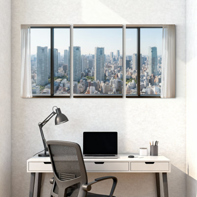 Ensemble de 3 impressions d'art sur toile, paysage à travers de grandes fenêtres avec reflet