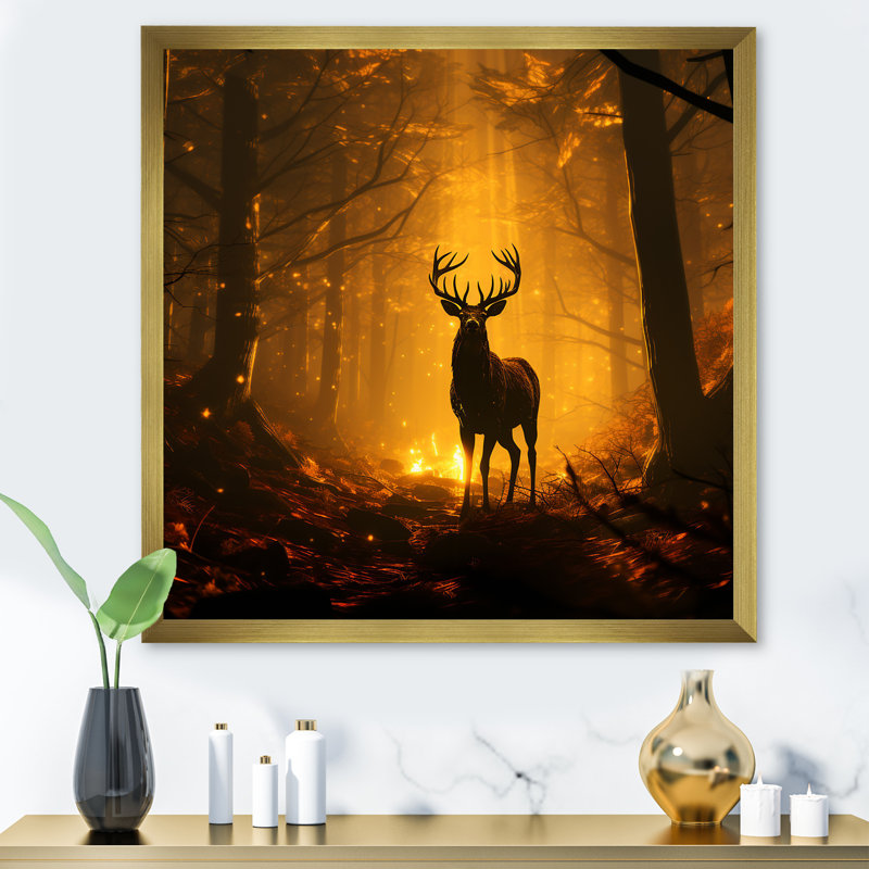Brun majestueux, forêt, cerf, art mural animal, Encadrement doré, H 36 po x l 36 po x P 1,5 po