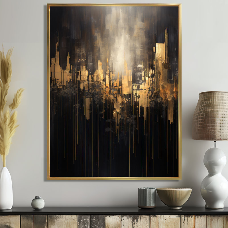 «Futur City Dreams NY», art mural abstrait, vagues modernes, Toile avec cadre flottant or, H 40 po x l 30 po x P 1,5 po