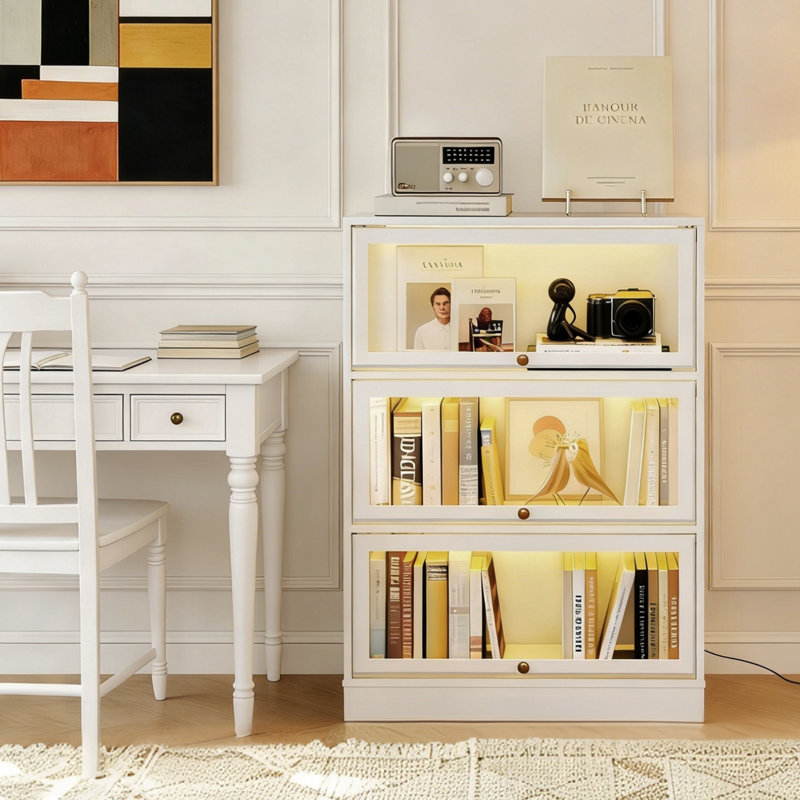  3-Tiers Display Cabinet With Acrylic Glass Doors,White, White