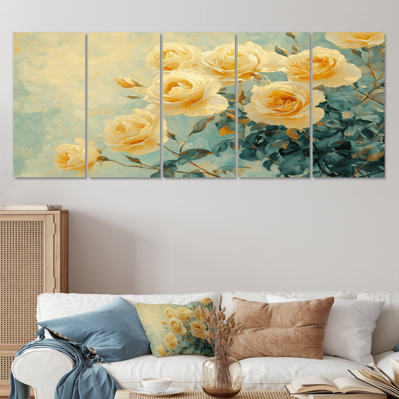 Sunlit Roses of Summer Bloom II - Roses, art mural - art mural moderne, ensemble d'art mural, H 28 po x l 60 po, 5