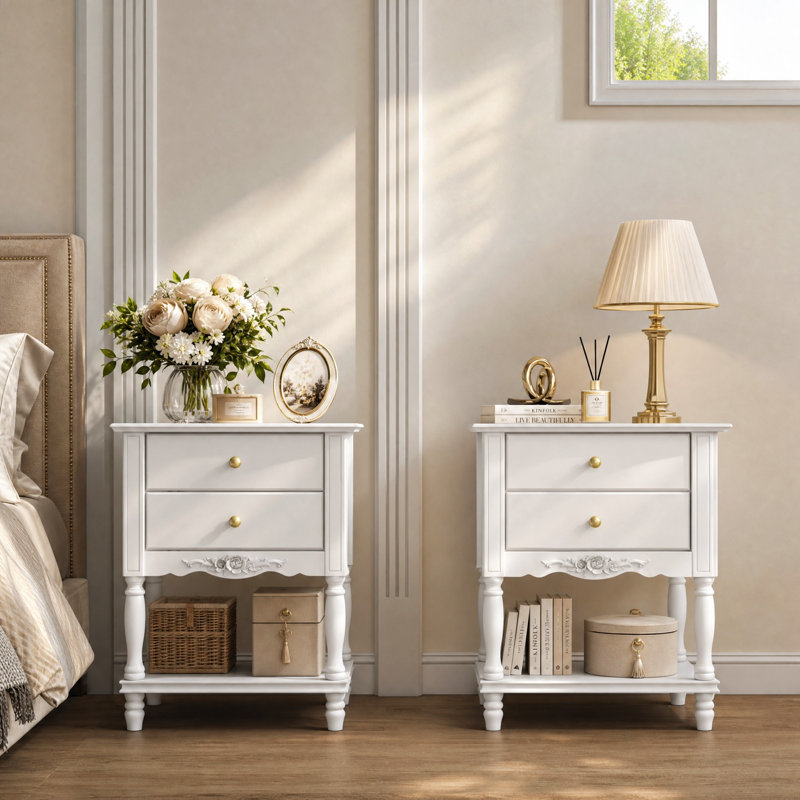 Classic 2-Drawer Nightstand with Open Shelf and Turned Legs, White