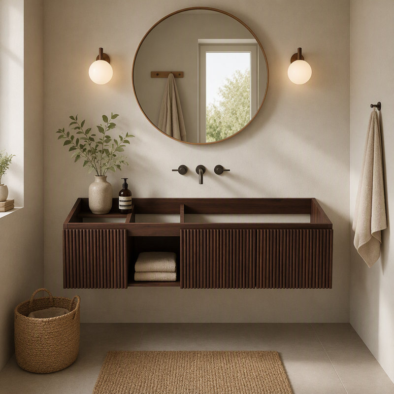 Meuble-lavabo flottant mural 48 po - armoire seulement, noyer pour rangement de salle de bain