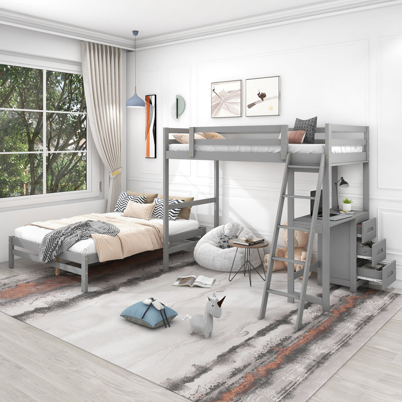 River Loft Bed With Storage Drawers, Desk, And Shelves,  Solid Pine Wood And MDF, Gray, Twin