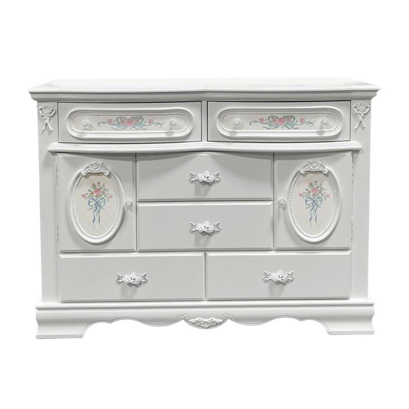 Commode 6 tiroirs et 2 portes Flora, finition blanche, Blanc